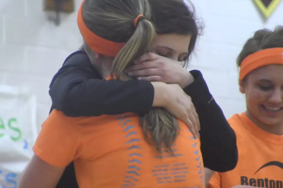 Alexis Martinez hugs her teammate as she is honored on Senior Night. (PHOTO: Alex Svejkovsky, WJON News)